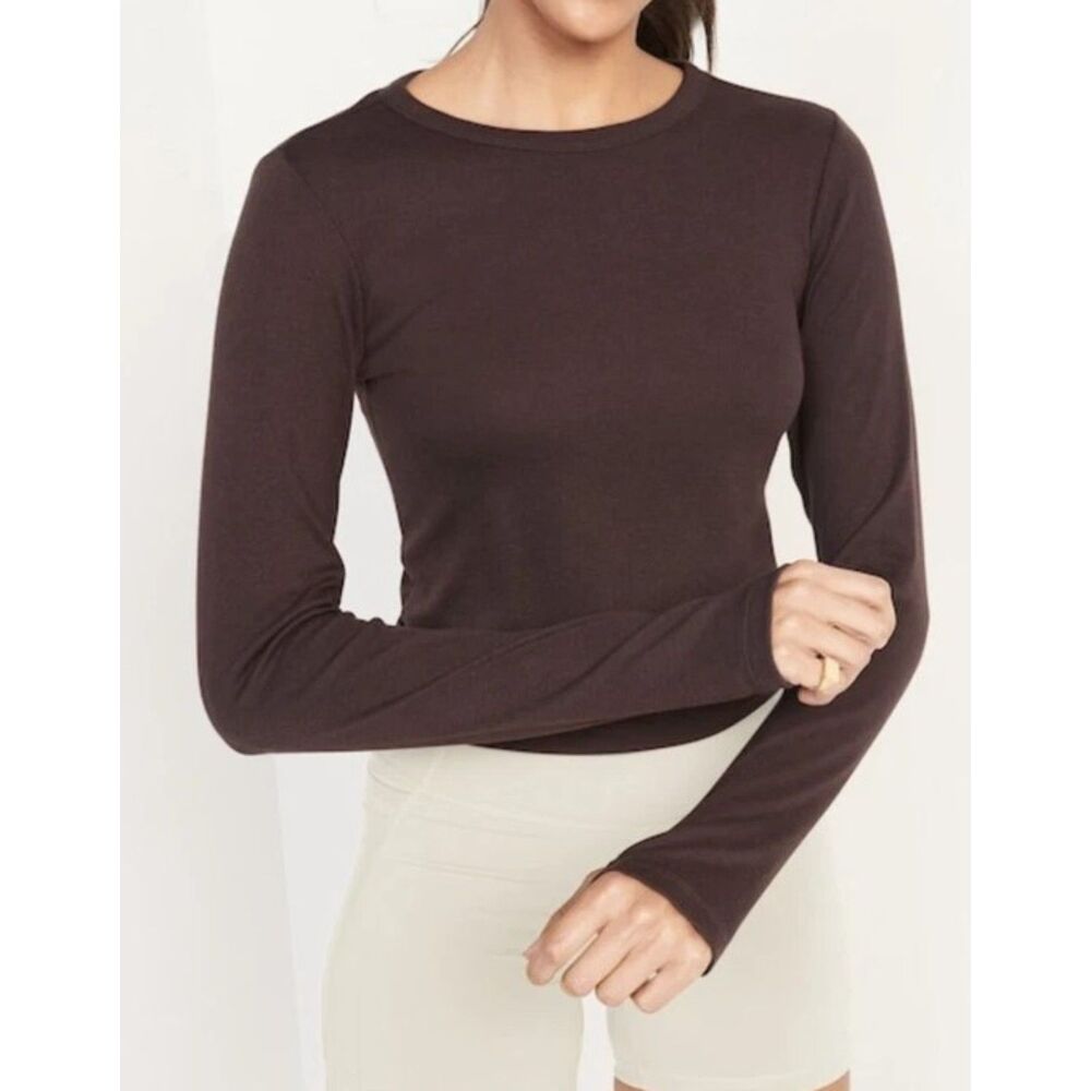 Old Navy Long Sleeve Burgundy Cropped Top with Thumb Holes, Ribbed, Size M